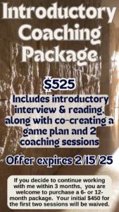 Introductory Coaching Package for $525 includes introductory interview and reading along with co-creating a game plan PLUS 2 coaching sessions.